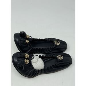 Tory Burch Black Reese Tassel Bow Ballet Flats Leather gold tassel Size 7
